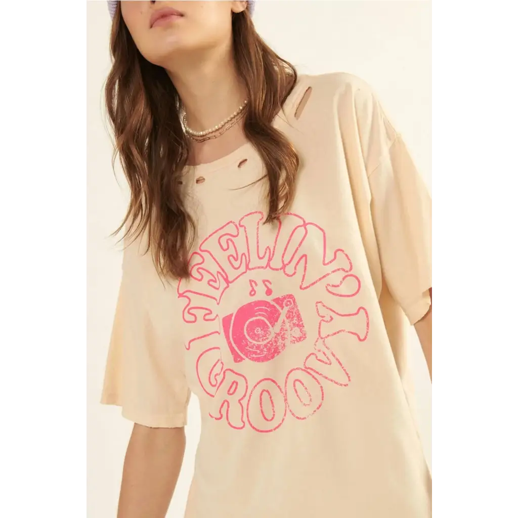 Feelin’ Groovy Distressed Loose Fit Graphic Tee - Small