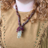 Handmade recycled silk crystal mushroom necklace with raw crystal pendant and colorful boho fibers