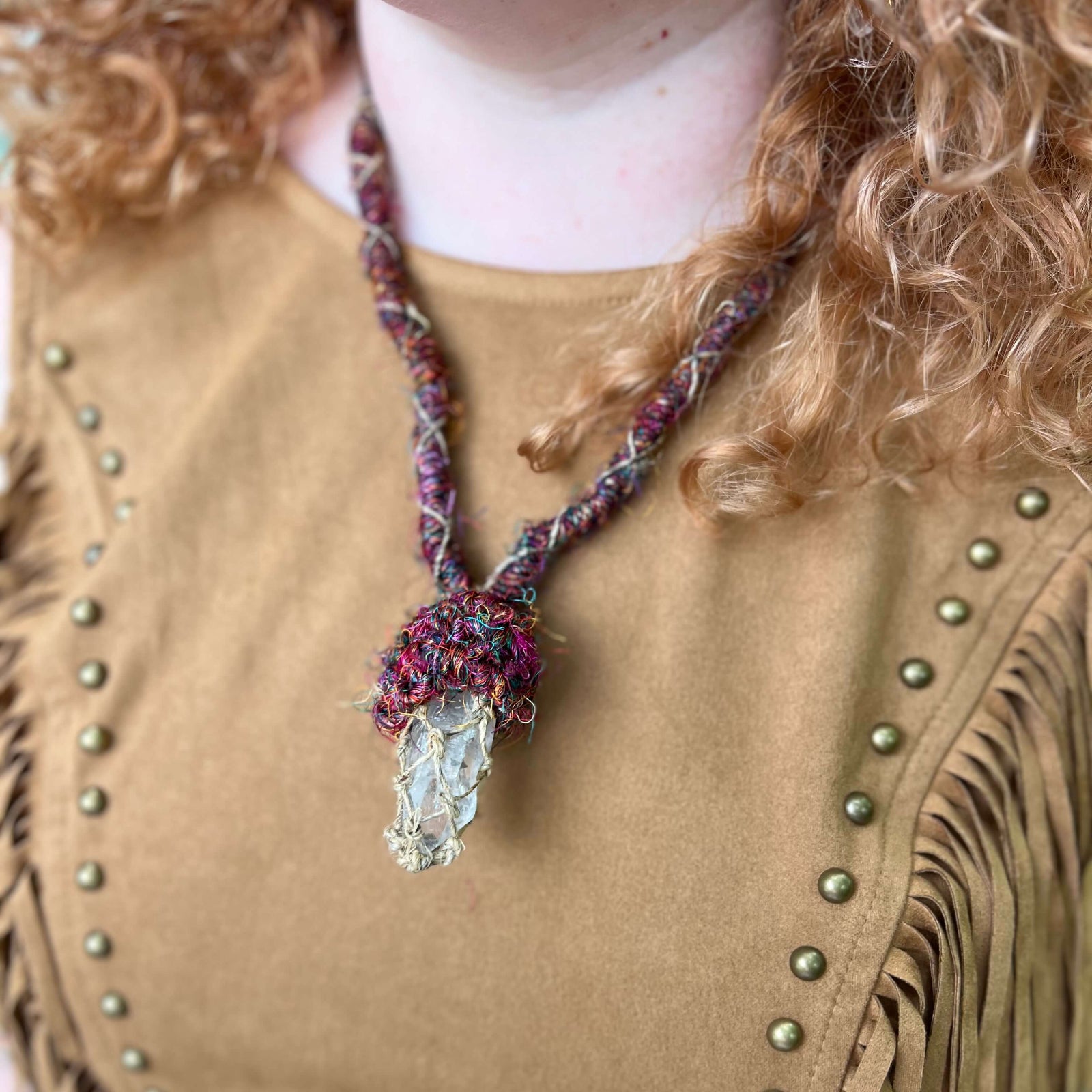 Handmade recycled silk crystal mushroom necklace with raw crystal pendant and colorful boho fibers