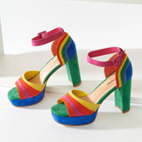 Rainbow Suede Peep Toe Pumps