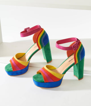 Rainbow Suede Peep Toe Pumps