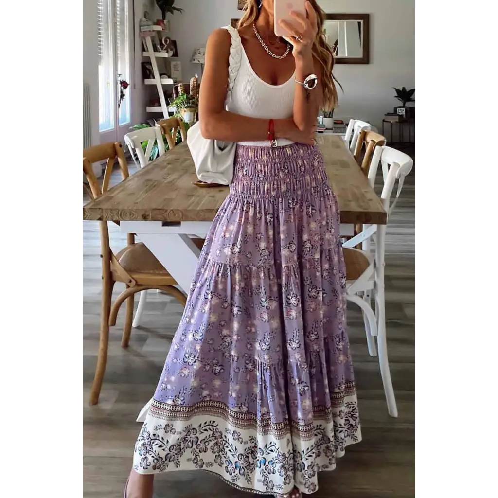 Floral Print Shirred Dress/Skirt - L - L / Purple / 100%
