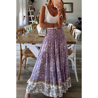 Floral Print Shirred Dress/Skirt - L - L / Purple / 100%