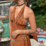 Hippie style silk maxi dress with tassel tie accents