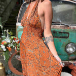 Hippie boho chic maxi silk dress with relaxed fit