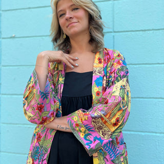 Upward angle showing colorful drape of kimono design