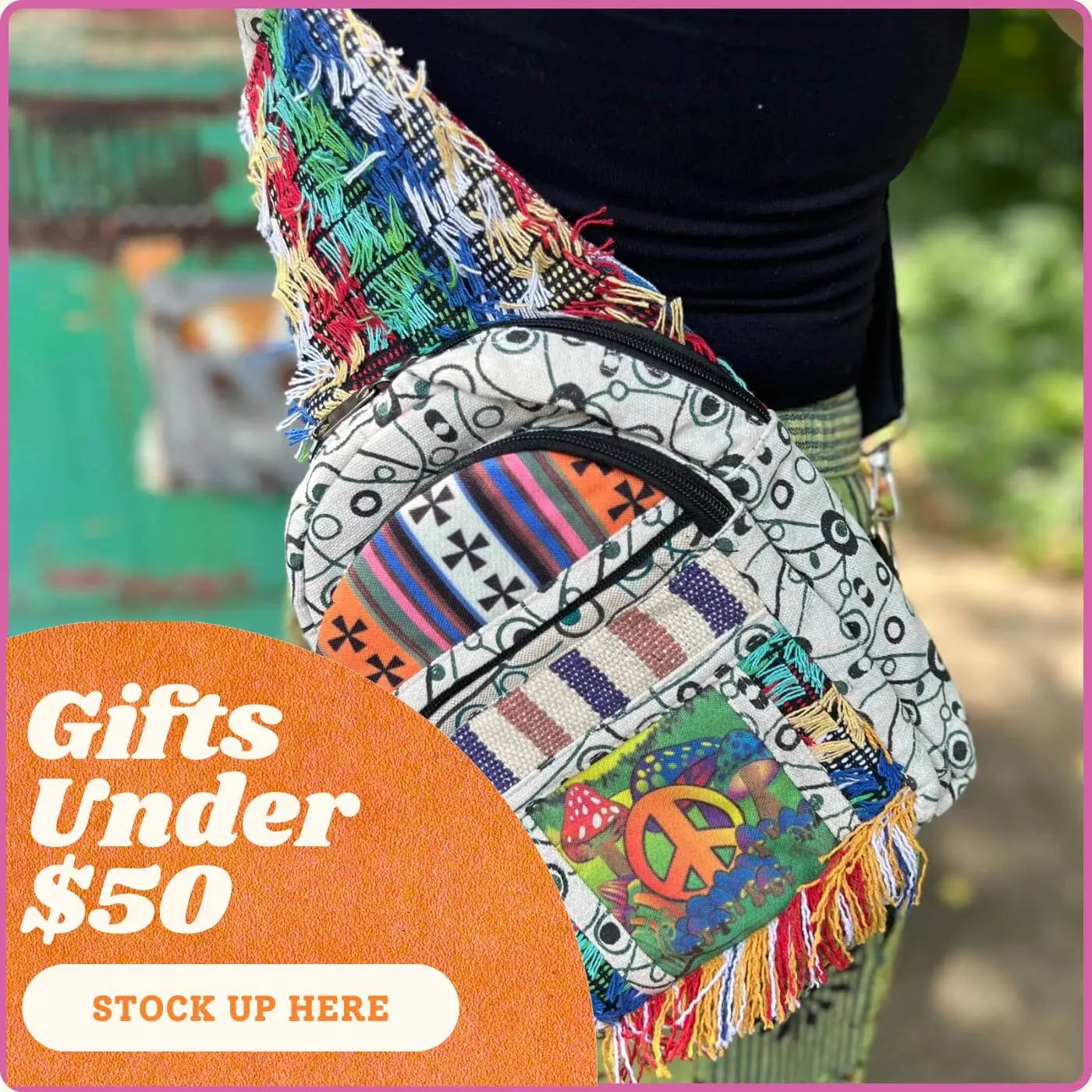 Colorful handbag with patterns and text 'Gifts Under $50 Stock Up Here' on an outdoor background