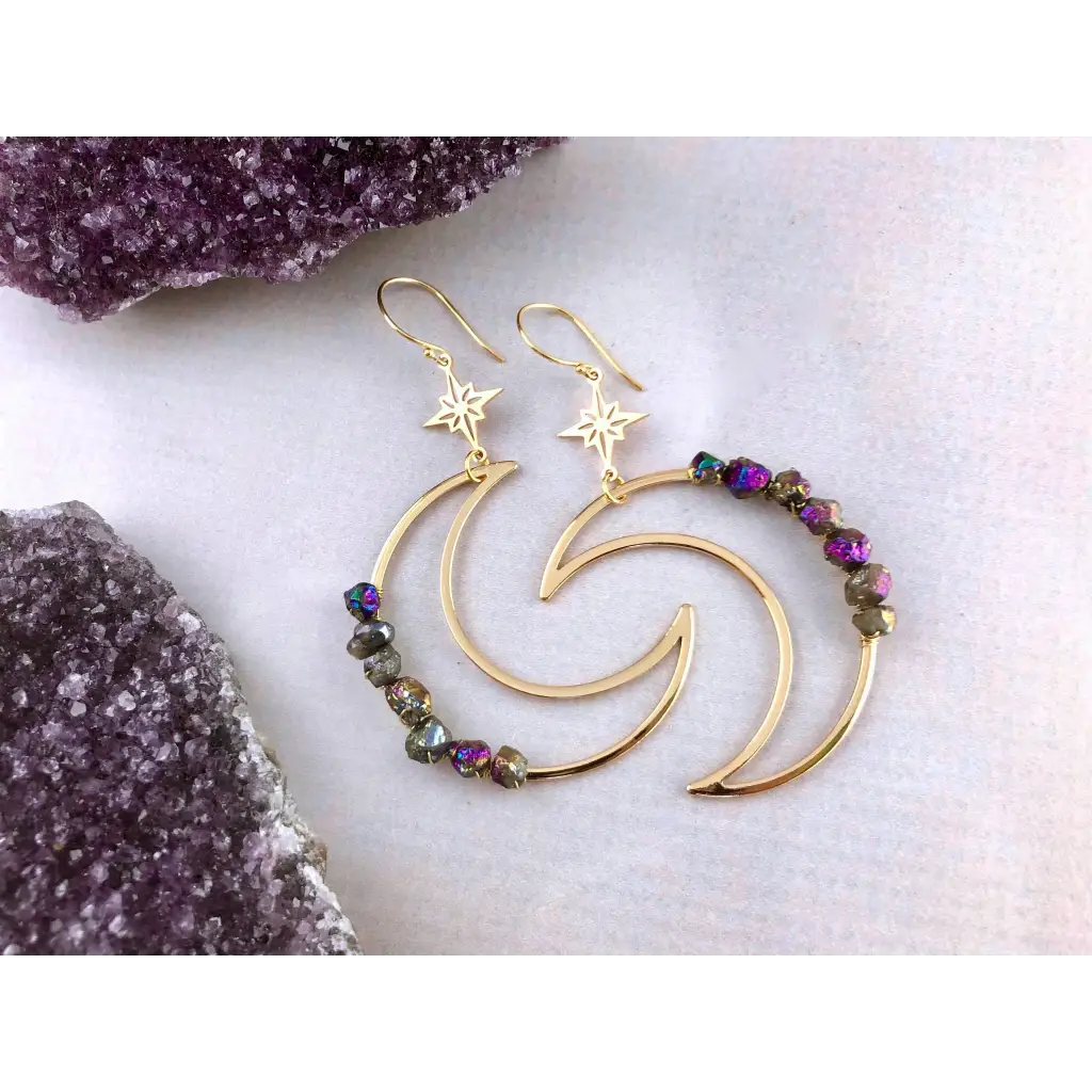 Gold Crescent Moon Earrings - Space Earrings: Rainbow