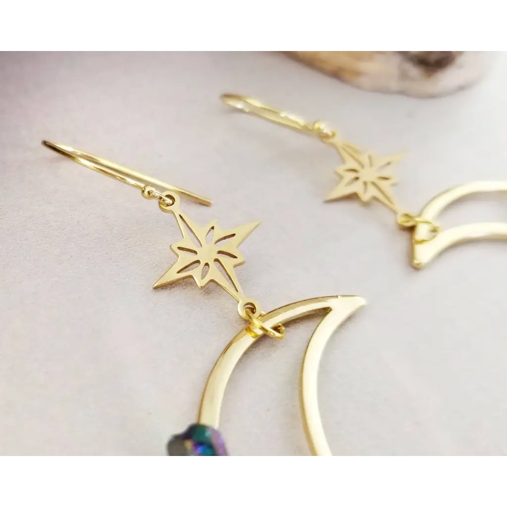 Gold Crescent Moon Earrings - Space Earrings: Rainbow