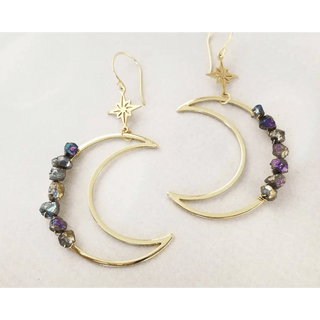 Gold Crescent Moon Earrings - Space Earrings: Rainbow - The Boho Depot
