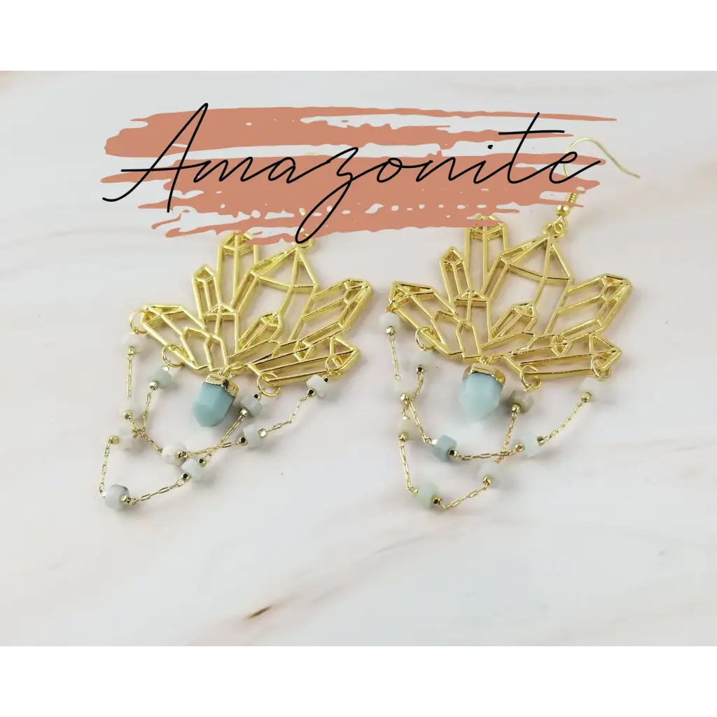 Gold Gemstone Cluster Earrings - Healing Crystal Amazonite