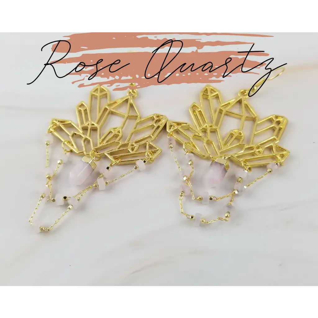 Gold Gemstone Cluster Earrings - Healing Crystal Rose Quartz