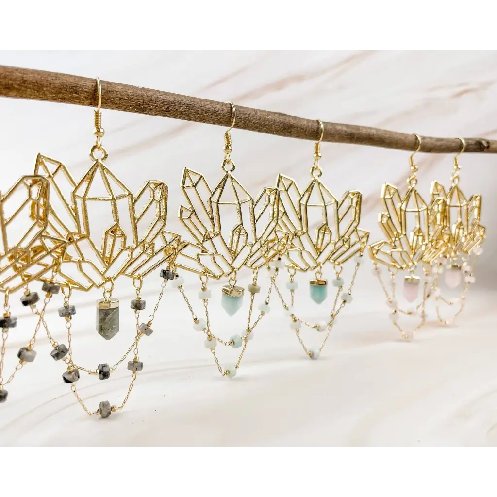 Gold Gemstone Cluster Earrings - Healing Crystal