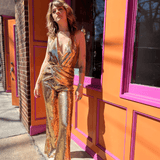 Boho disco jumpsuit styled with accessories