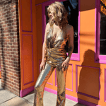 Gold jumpsuit wide leg fit with flowing silhouette