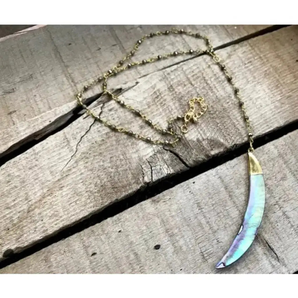 Half Moon Crescent Abalone Shell Necklace with Pyrite
