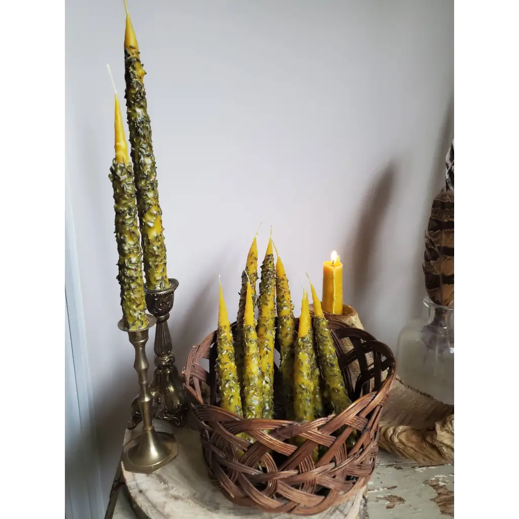 Hand Dipped Beeswax Taper Candle with Lavender Buds