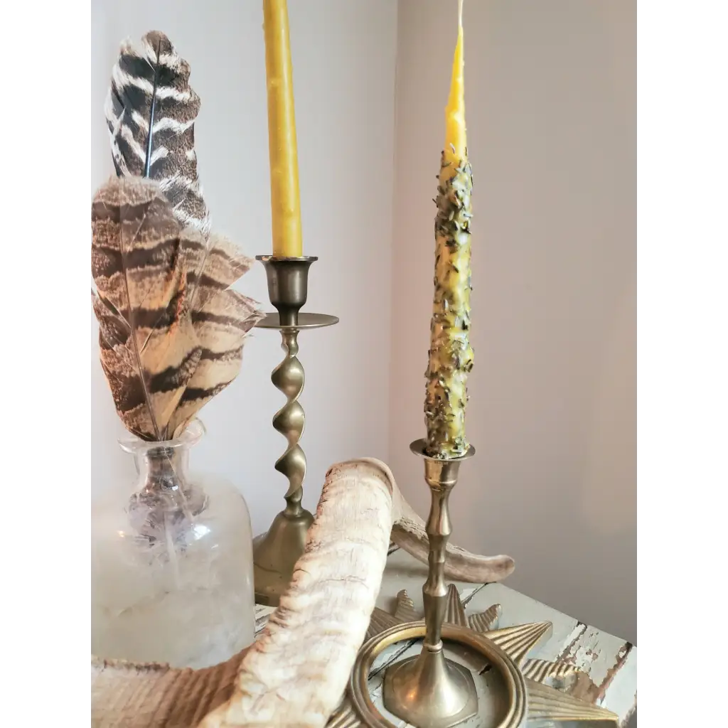 Hand Dipped Beeswax Taper Candle with Lavender Buds
