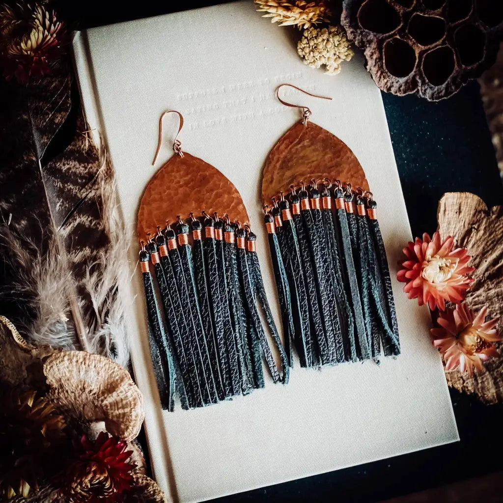 Hand - hammered Copper and Leather Earrings