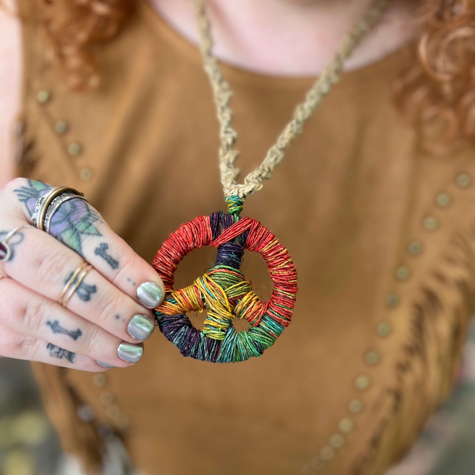 Handmade festival necklace with peace sign pendant