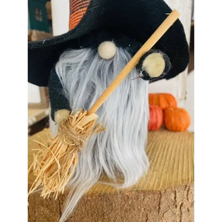 Handmade Witch Gnome black felt broom hat fuzzy beard