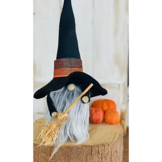 Handmade Witch Gnome black felt broom hat fuzzy beard