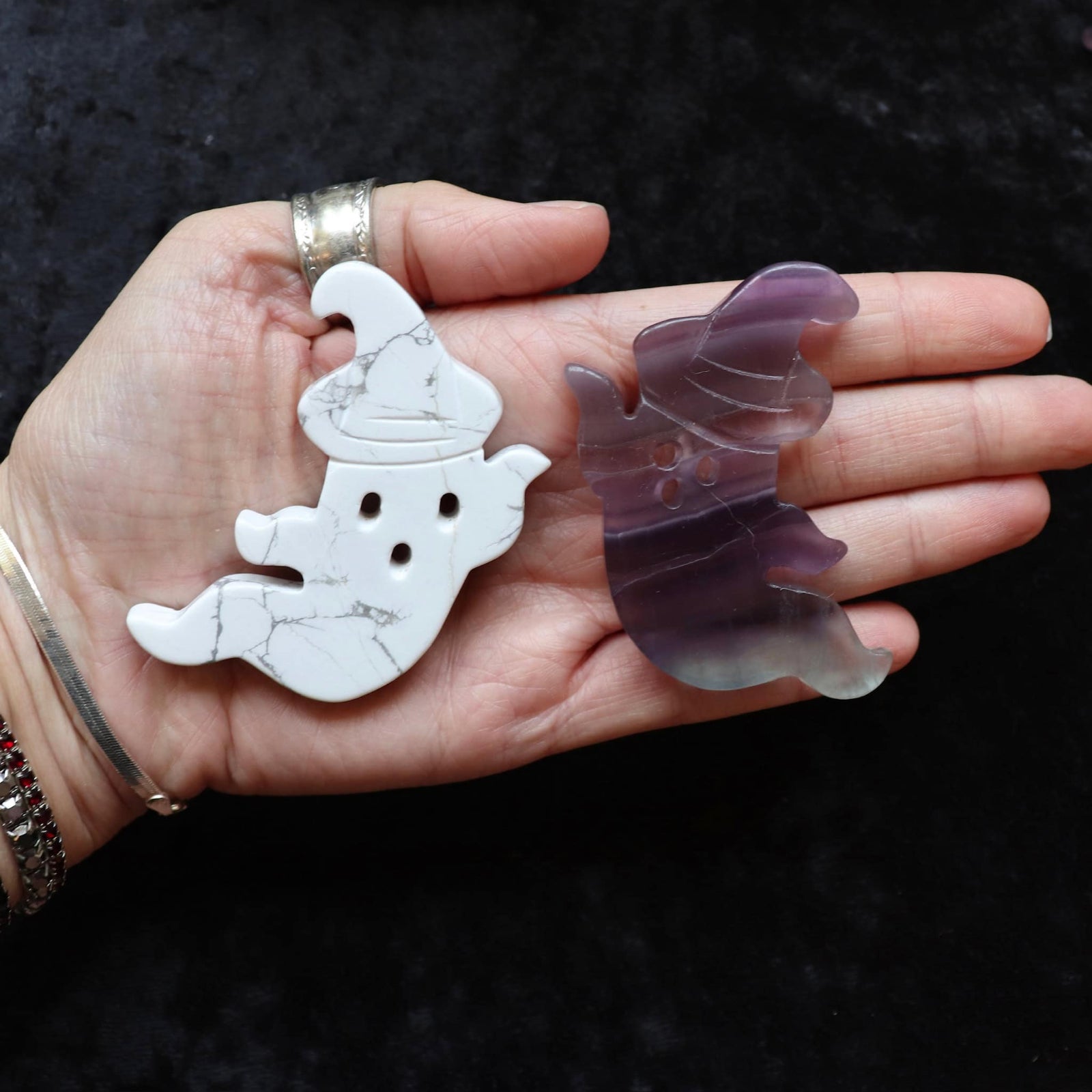 Halloween inspired ghost carvings made from natural healing crystals.