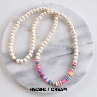 Heishi and Wood Bead Necklace - Heishi/Cream