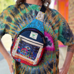 Front view of hemp crossbody bag with third eye and mushroom patchwork