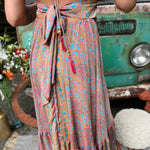 Long bow tie design featured on hippie boho silk dress