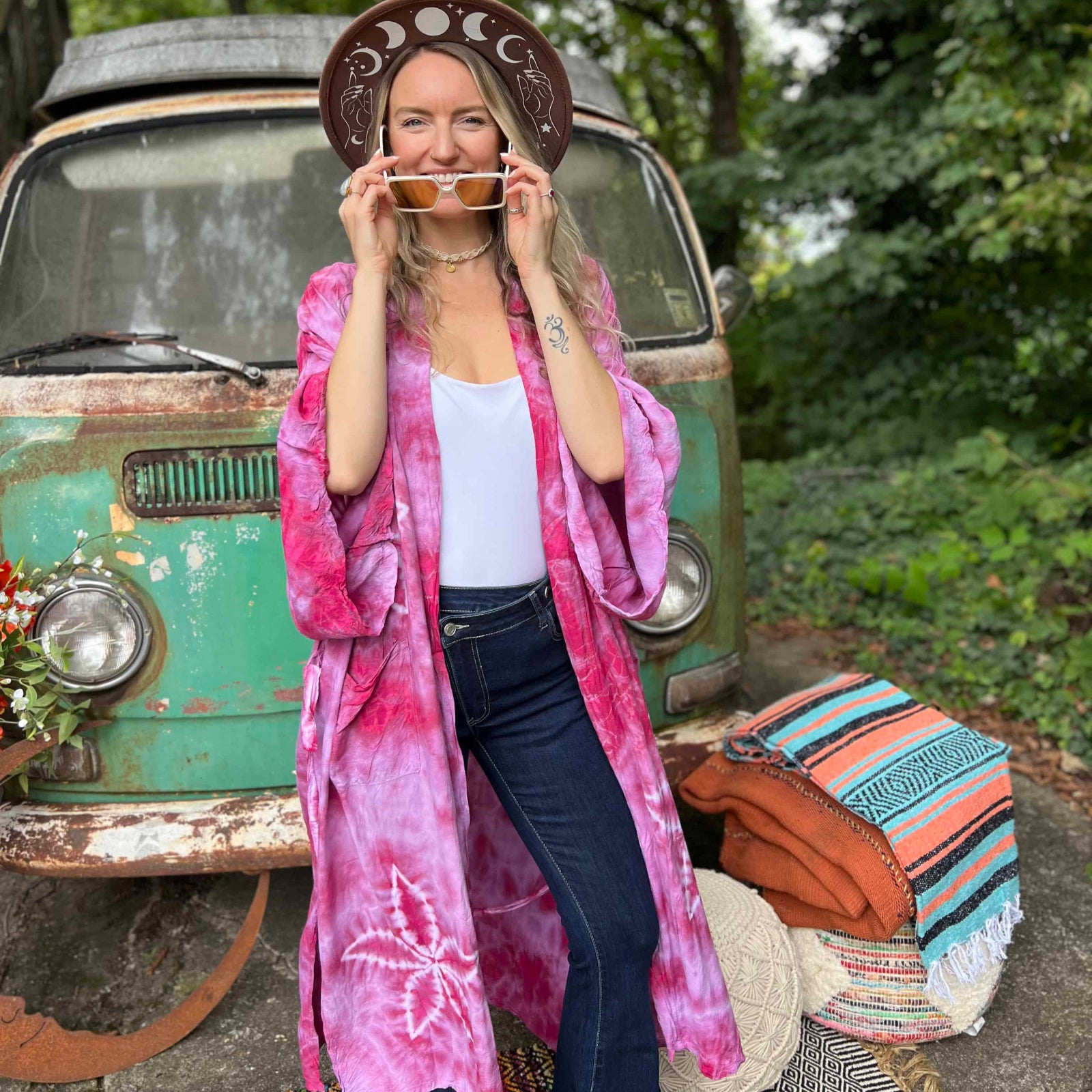 Long sleeve design on bohemian hand-dyed kimono