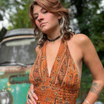 Front view of hippie boho maxi silk dress with tassel ties