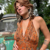 Front view of hippie boho maxi silk dress with tassel ties