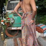 Side view of bow tie back on bohemian silk maxi dress
