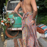 Side view of bow tie back on bohemian silk maxi dress