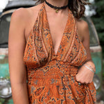Outdoor photo of bohemian goddess silk maxi dress