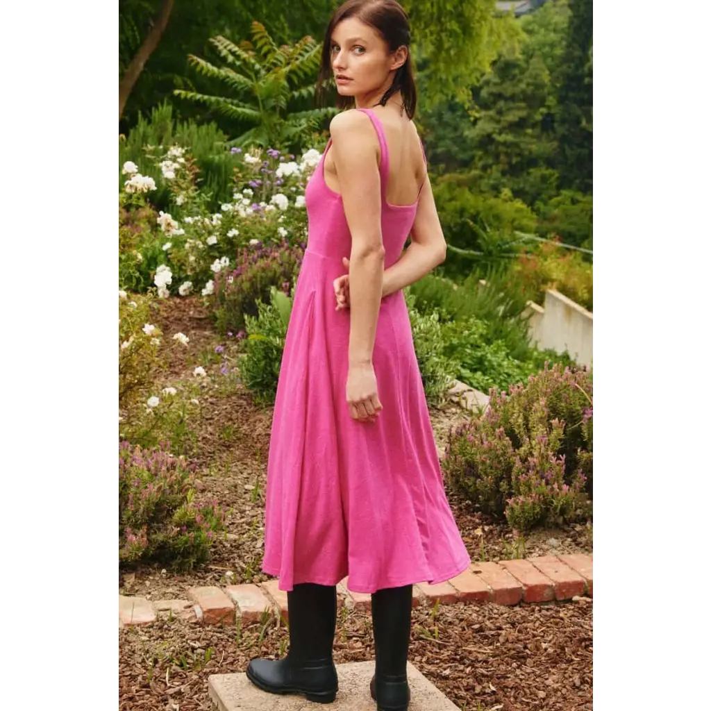 hot pink boho dress SHEIN VCAY Women's Boho Maxi Dress Hot Pink Halter Sleeveless Woven Fabric Tropical Print Knot Detail Flared Hem Summer Beach Dress