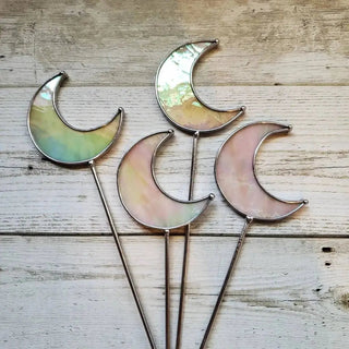 Iridescent Stained Glass Moon Planter Stake - Clear