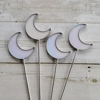 Iridescent Stained Glass Moon Planter Stake - White