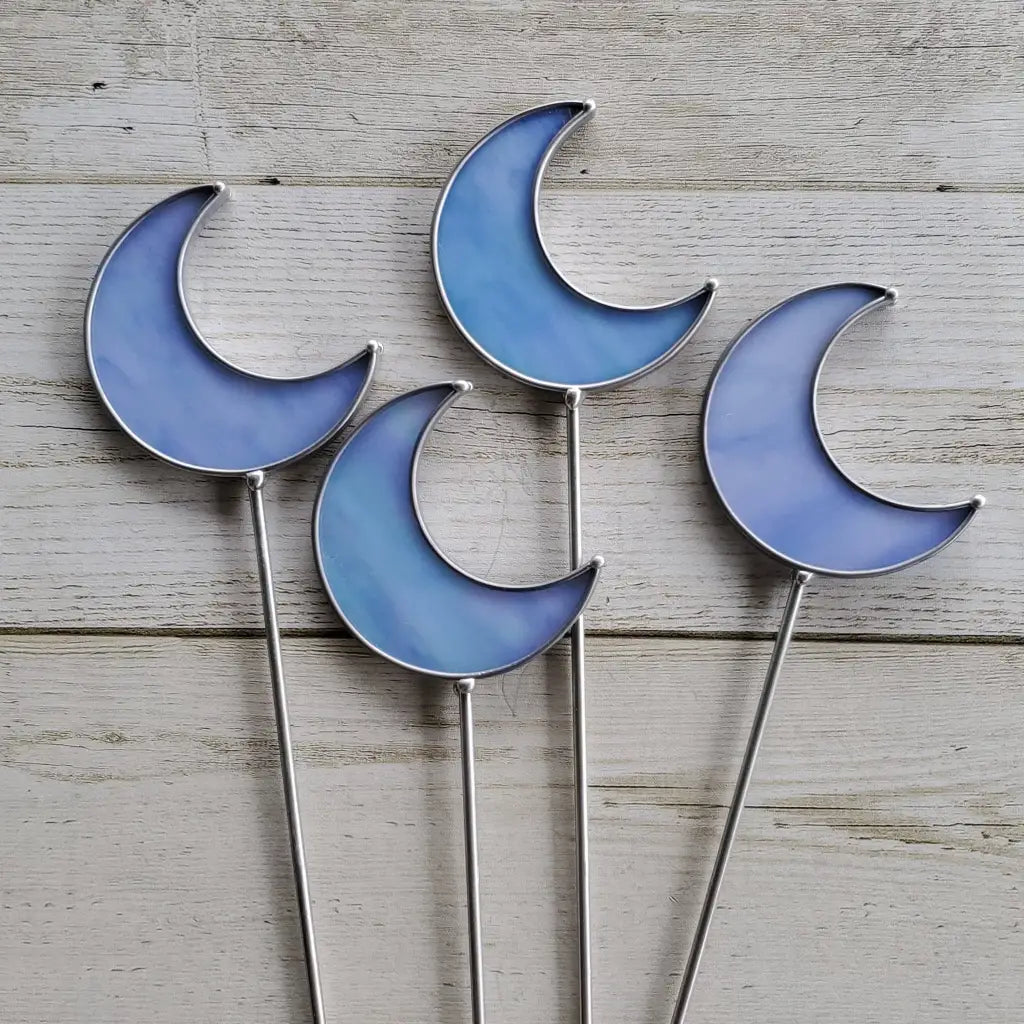 Iridescent Stained Glass Moon Planter Stake - Blue