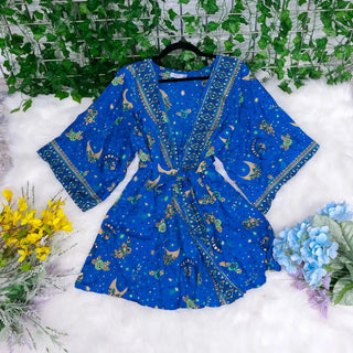 Silk Boho Hippie Celestial Kimono with Pockets - Blue