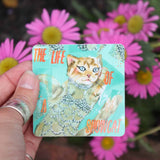 Funny cat vinyl sticker with showgirl costume – cute pop culture decal for Swifties and cat lovers