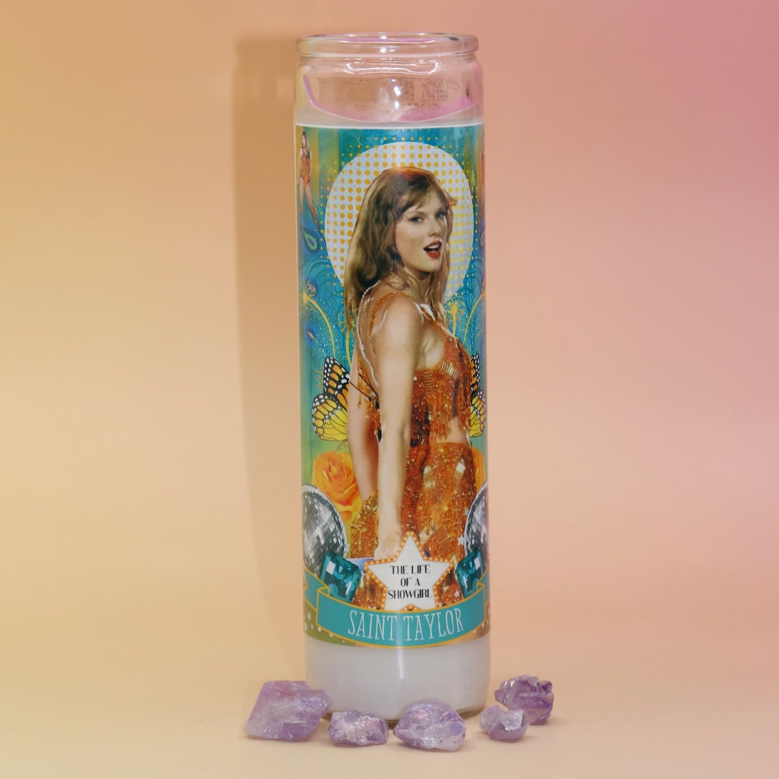 Life of a Showgirl celebrity prayer candle front view
