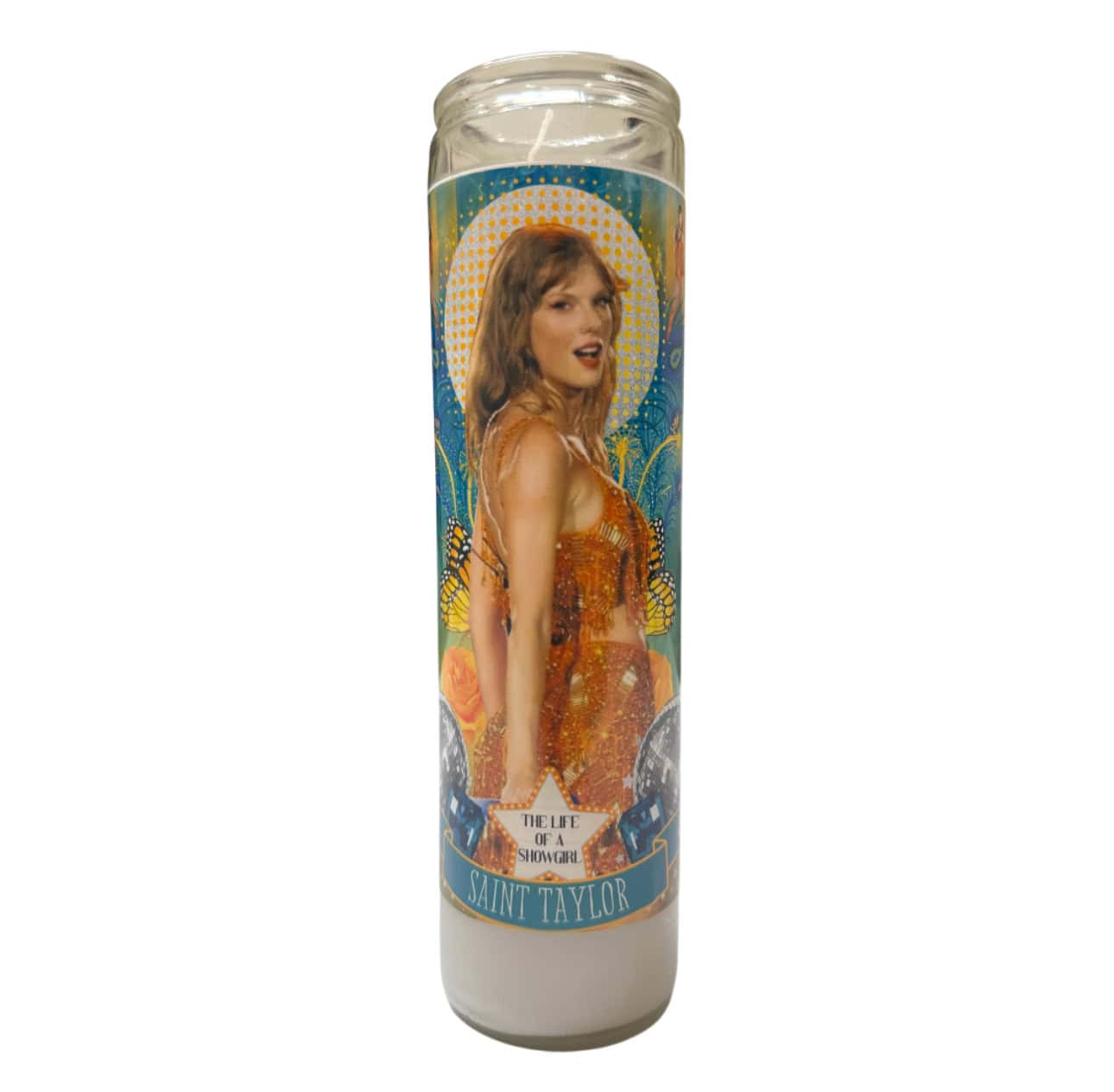 Life of a Showgirl Taylor Swift prayer candle in glass jar