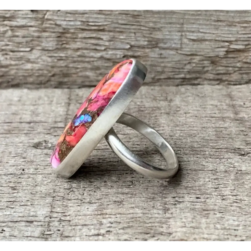 Long Oval Dahlia Copper Turquoise Sterling Silver Ring