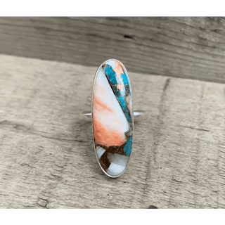 Long Oval Spiny Oyster Copper Turquoise Sterling Silver Ring - The Boho Depot
