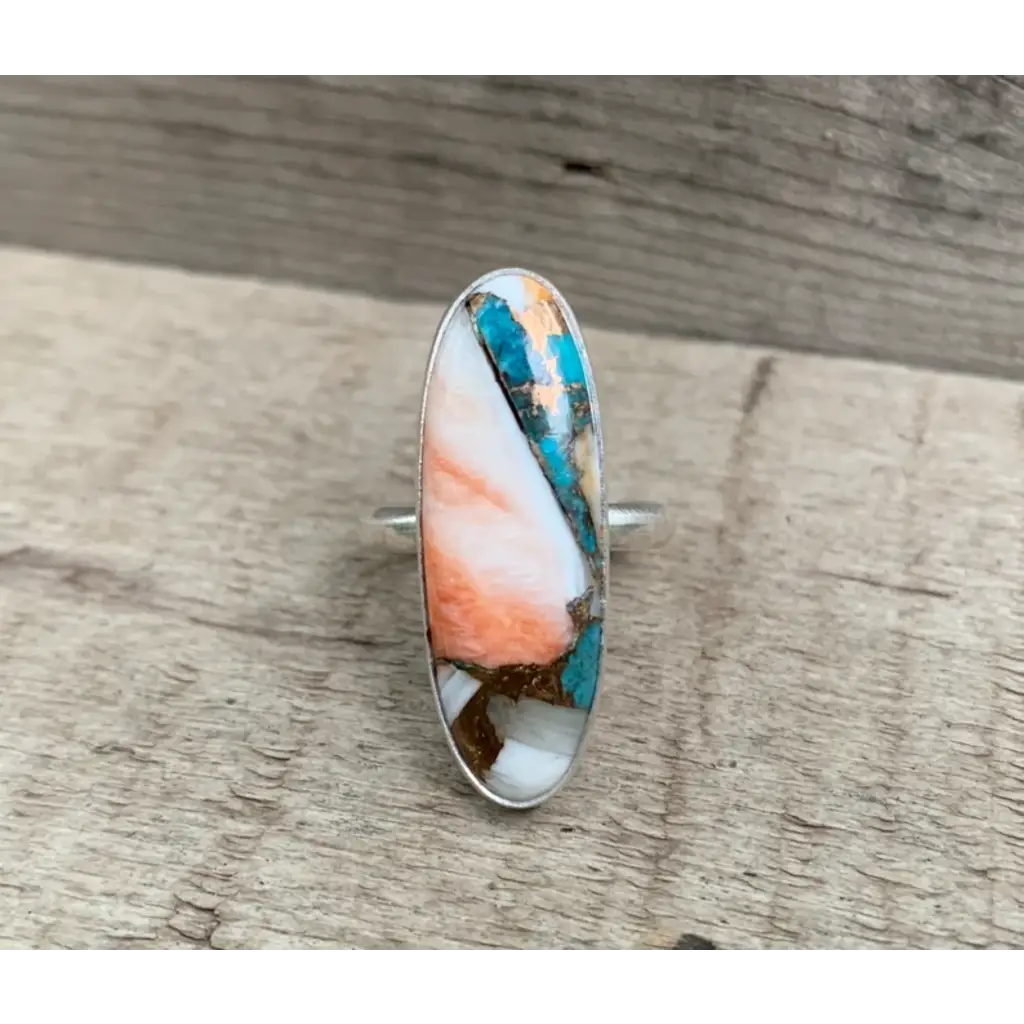 Long Oval Spiny Oyster Copper Turquoise Sterling Silver Ring