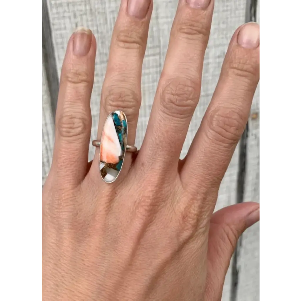 Long Oval Spiny Oyster Copper Turquoise Sterling Silver Ring