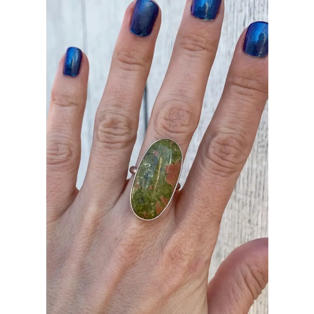 Long Oval Unakite Sterling Silver Statement Ring