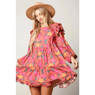 Long Sleeve Floral Shoulder Ruffle Dress